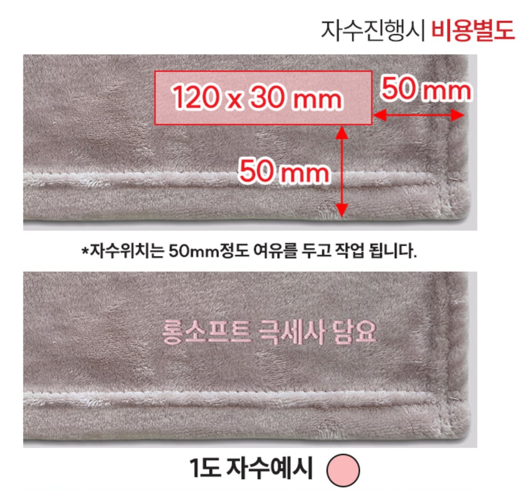 회색 극세사 담요 모서리에서 가로·세로 50mm씩 안쪽에 120×30mm 자수 영역을 표시한 그림과 분홍색 1도 자수로 「롱소프트 극세사 담요」를 놓은 예시 — 자수 진행 시 비용 별도