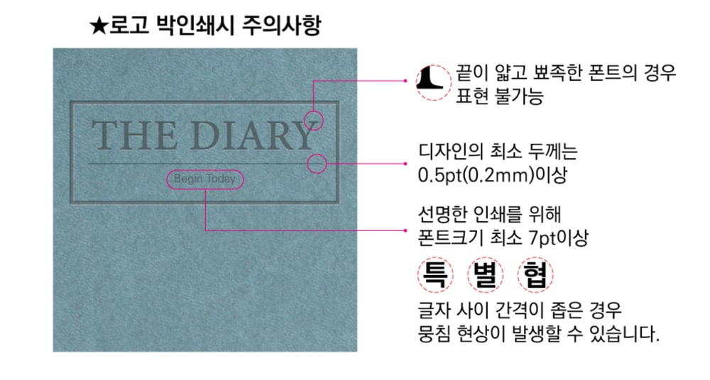 「THE DIARY」 문구를 불박으로 찍은 표지와 박인쇄 주의사항 — 끝이 얇고 뾰족한 폰트는 표현 불가, 디자인 최소 두께 0.5pt(0.2mm) 이상, 글자 크기 최소 7pt 이상, 글자 사이 간격이 좁으면 뭉침 현상 발생
