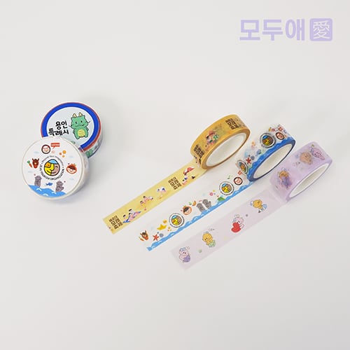 용인 캐릭터와 일러스트를 풀컬러로 인쇄한 마스킹테이프 세 가지 — 폭과 디자인이 서로 다름