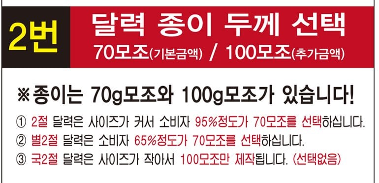 달력 종이 두께 선택 — 70모조(기본 금액)와 100모조(추가 금액). 2절 달력은 약 95%가 70모조, 별2절은 약 65%가 70모조를 선택하고, 국2절은 100모조로만 제작합니다