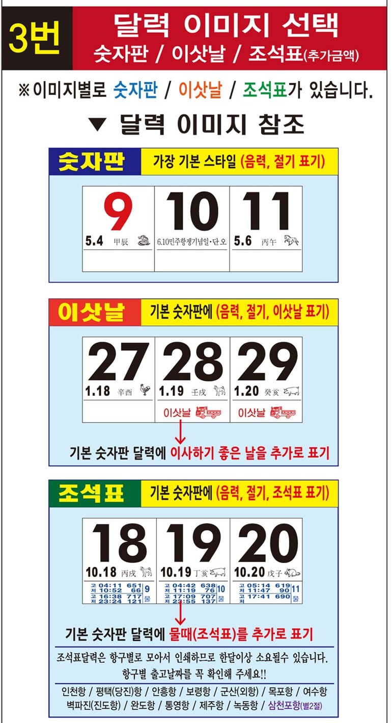 윤전달력 세 종류 — 숫자판(음력·절기 표기, 가장 기본), 이삿날(숫자판에 이사하기 좋은 날 추가 표기), 조석표(숫자판에 물때 추가 표기). 조석표 달력은 항구별로 모아 인쇄해 한 달 이상 걸릴 수 있고, 인천항·평택(당진)항·안흥항·보령항·군산(외항)·목포항·여수항·벽파진(진도항)·완도항·통영항·제주항·녹동항·삼천포항(별2절)이 있습니다